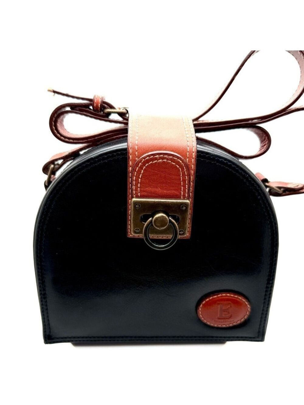 Vintage Elka Collection Black Leather Hardshell Crossbody Bag — Saddle Shape